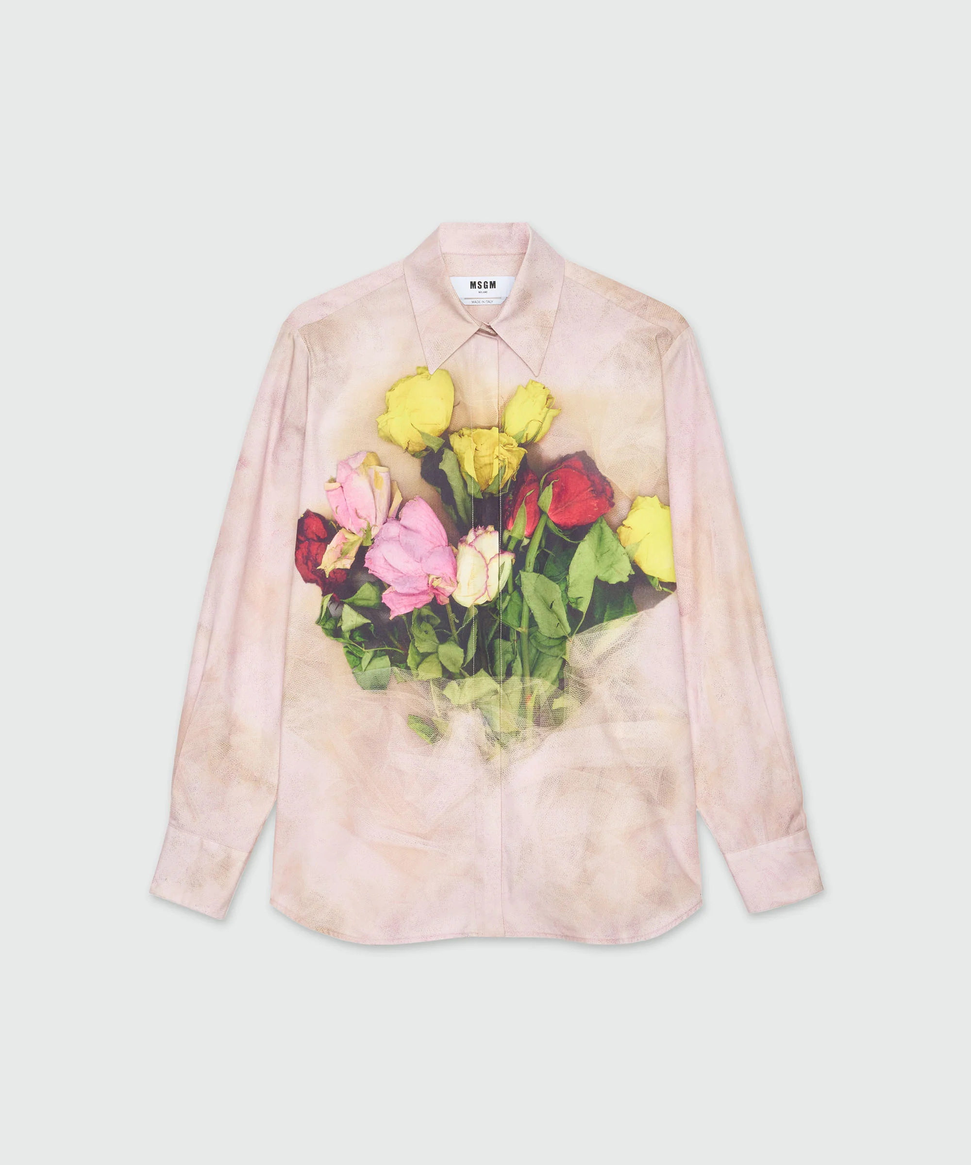 Pink poplin shirt with "Roses bouquet" print