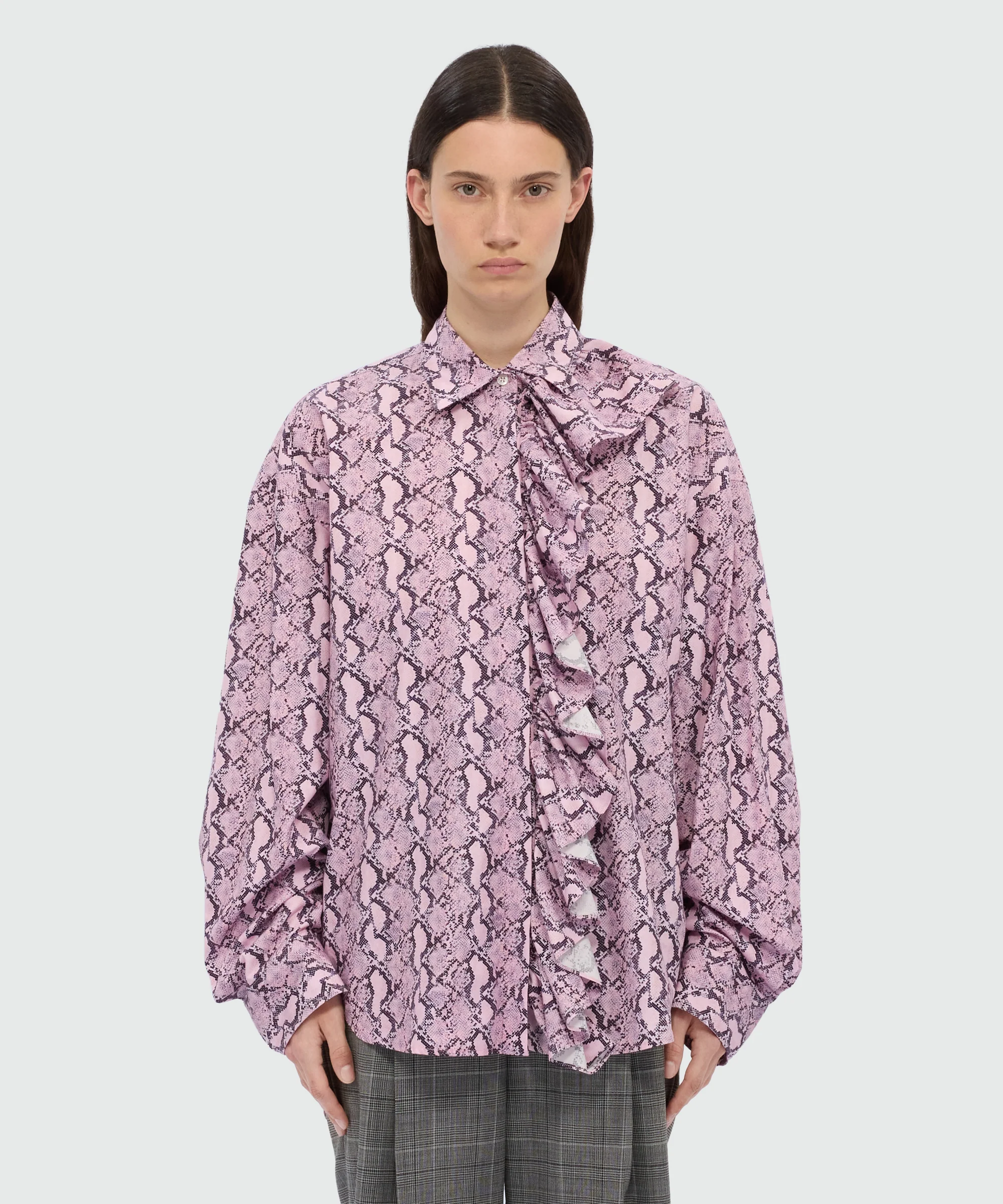 Pink python print poplin shirt with ruffle. - Image 2
