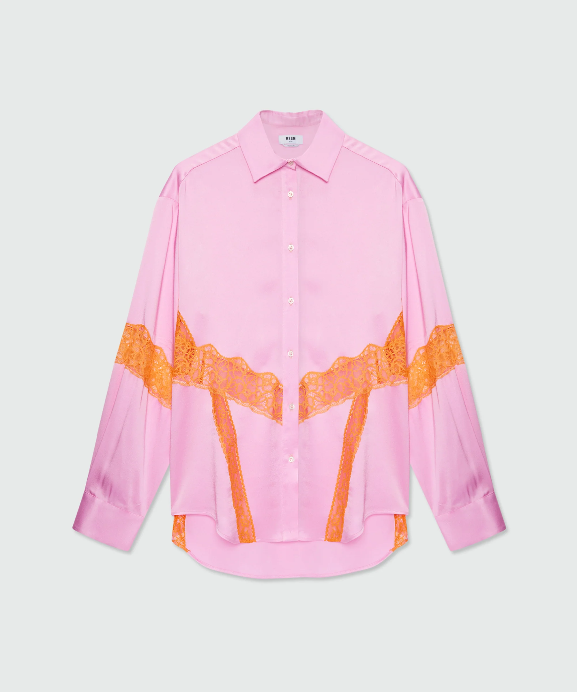 Pink satin shirt with lace inserts