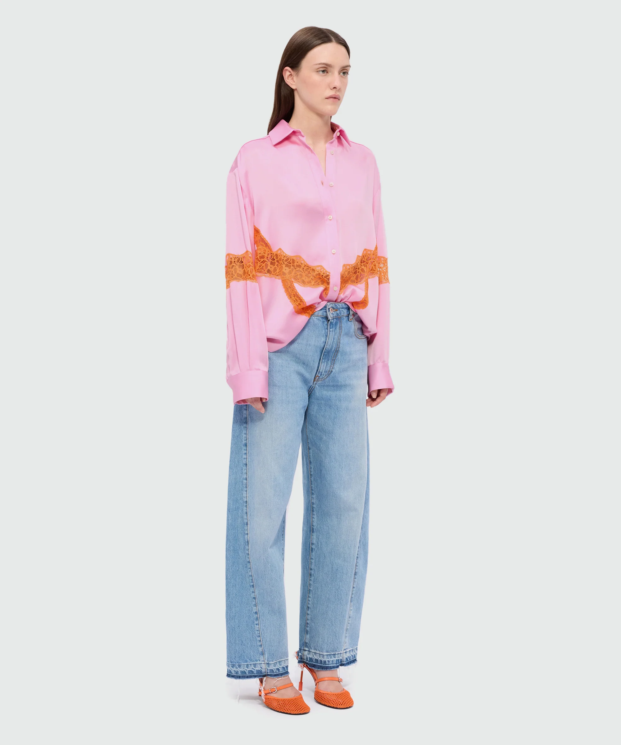 Pink satin shirt with lace inserts - Image 4