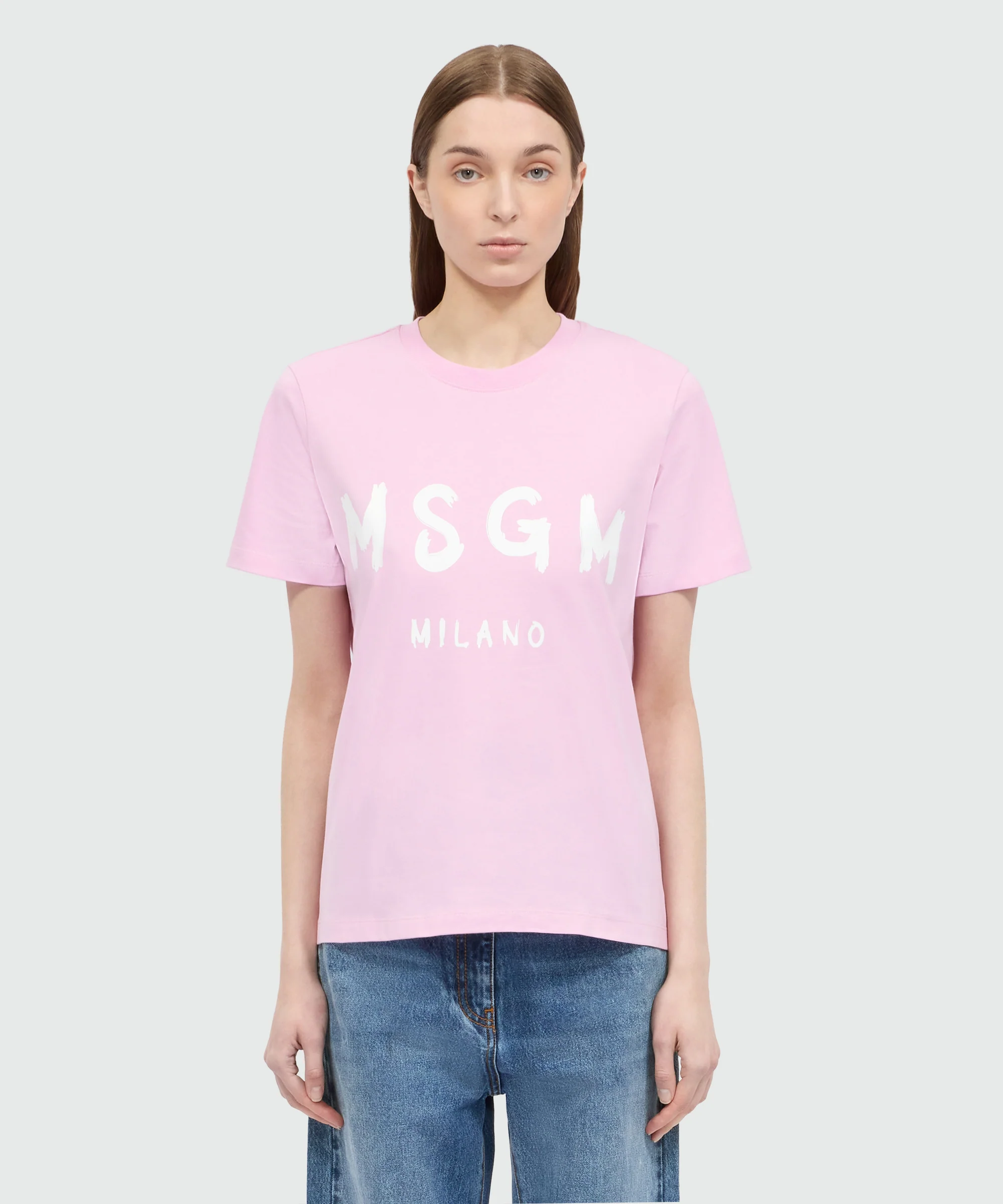 Pink short-sleeve cotton jersey T-shirt with brushed logo on the front - Image 2