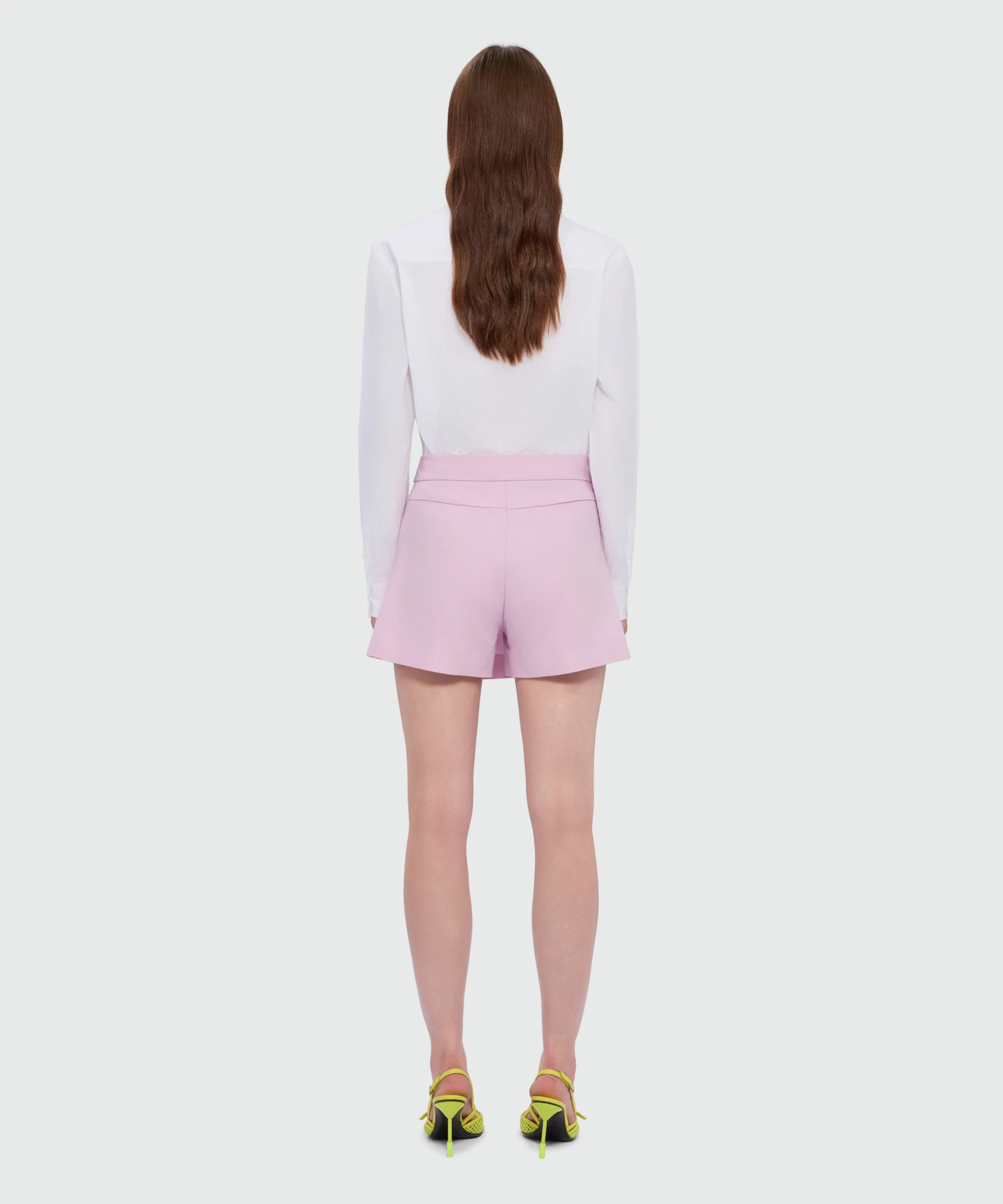 Pink viscose-blend canvas shorts with wrap closure and visible button - Image 3