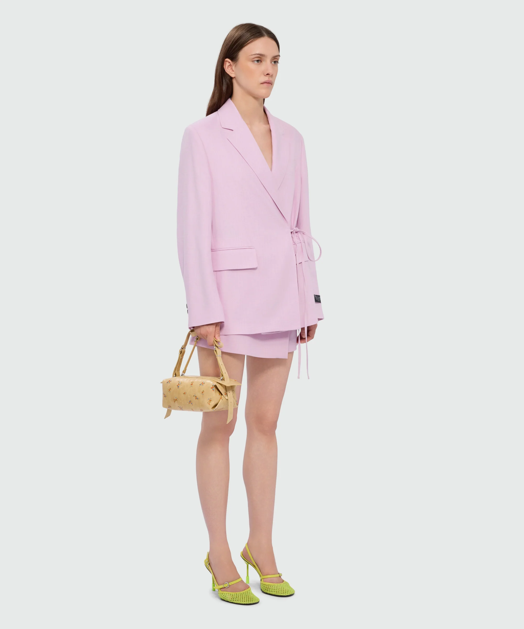 Pink viscose-blend canvas shorts with wrap closure and visible button - Image 4