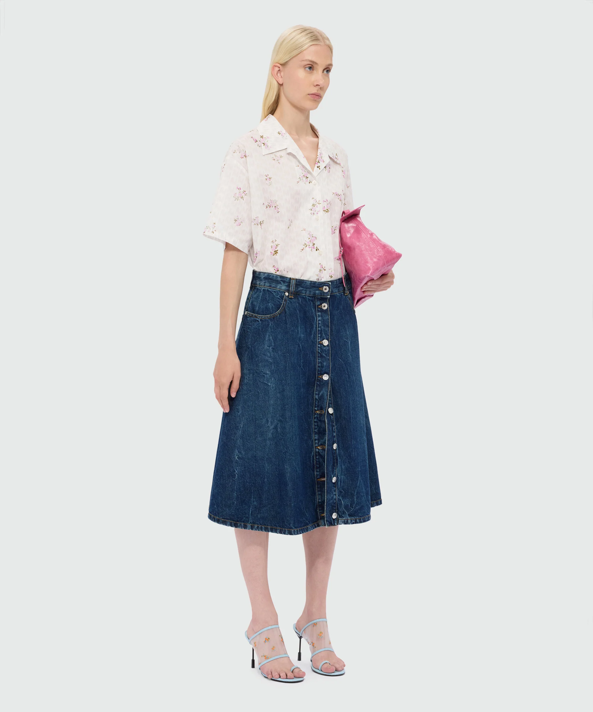Raw denim skirt with front metal button fastening - Image 4