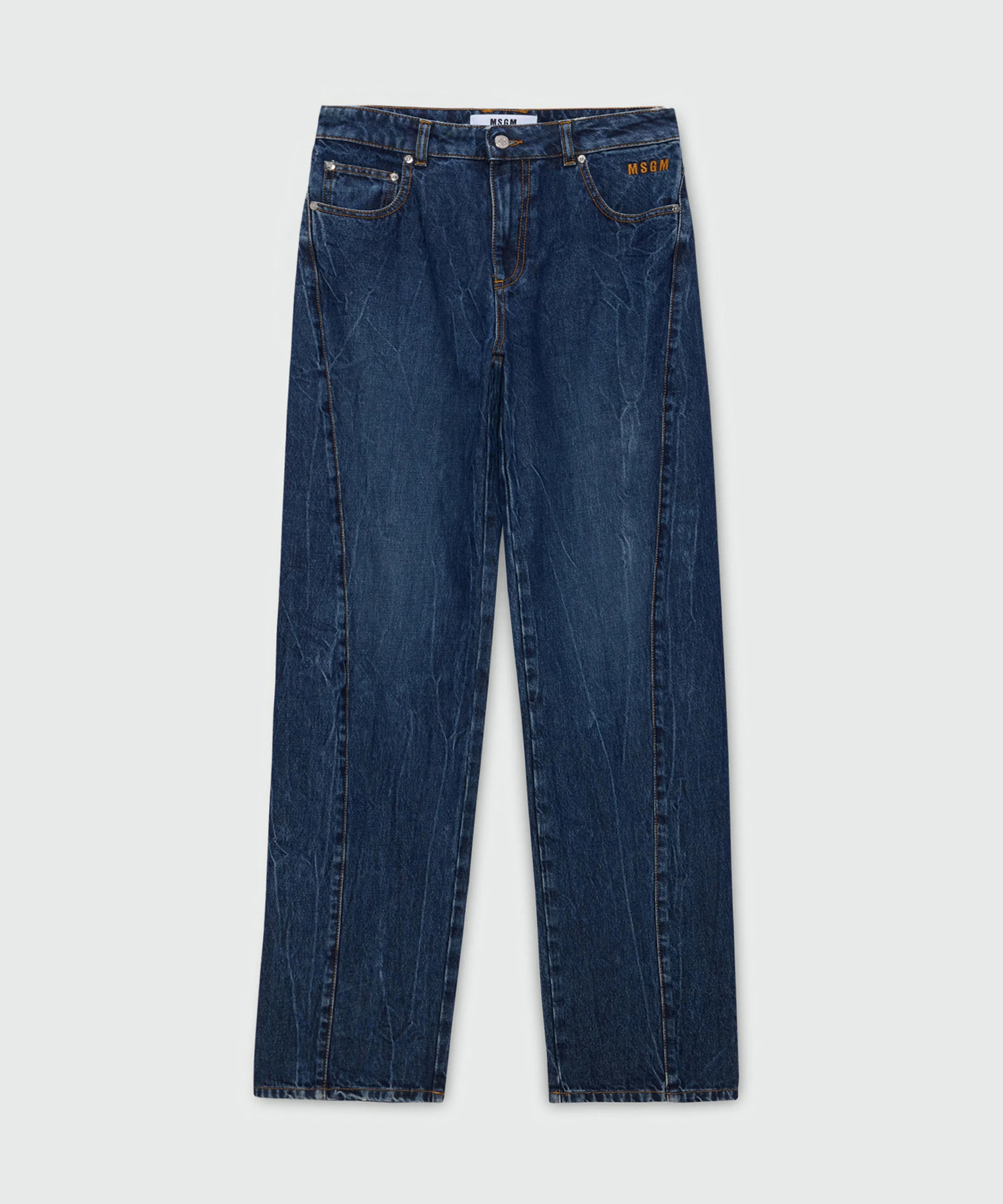 Raw-wash five-pocket denim trousers with leg seam detail