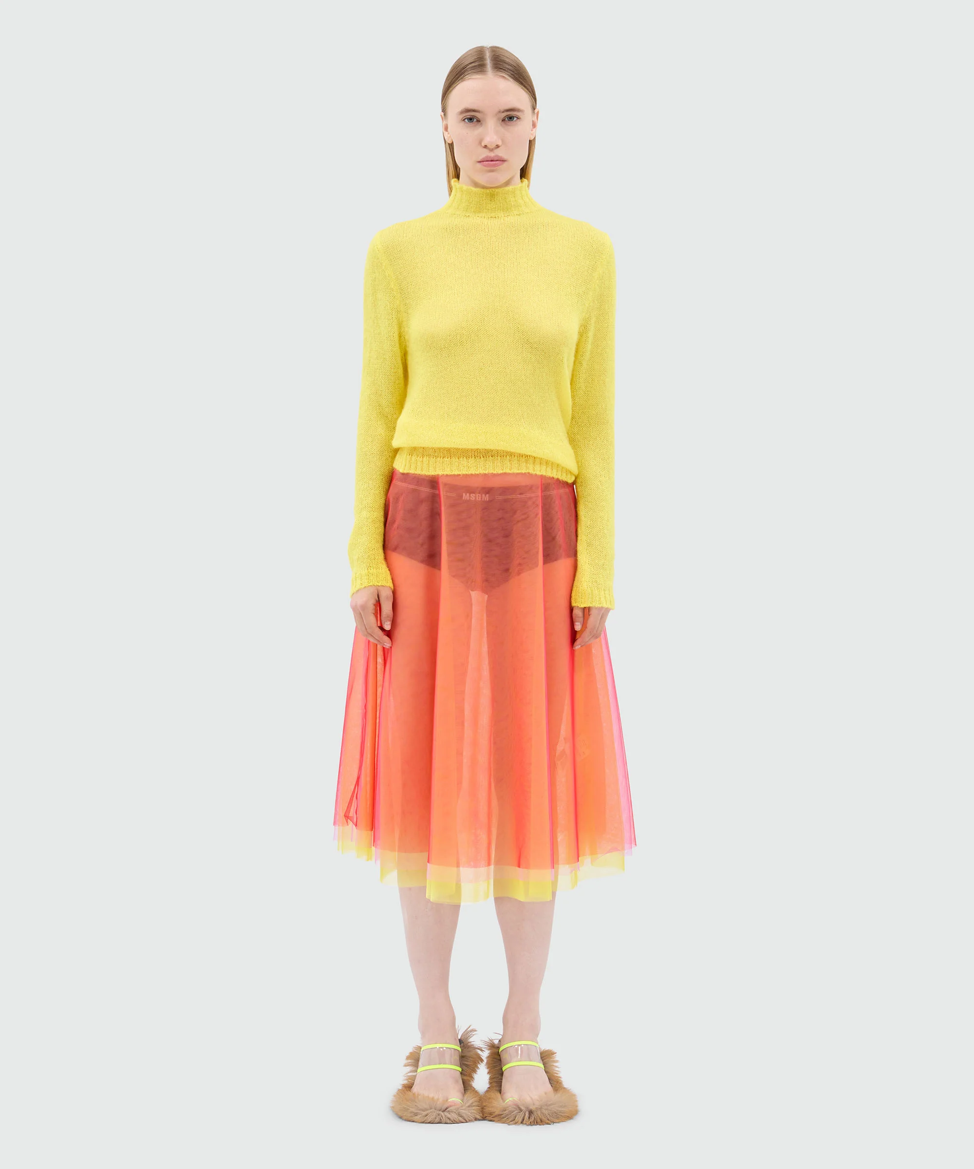 Red midi skirt in light multicolored tulle overlay - Image 2