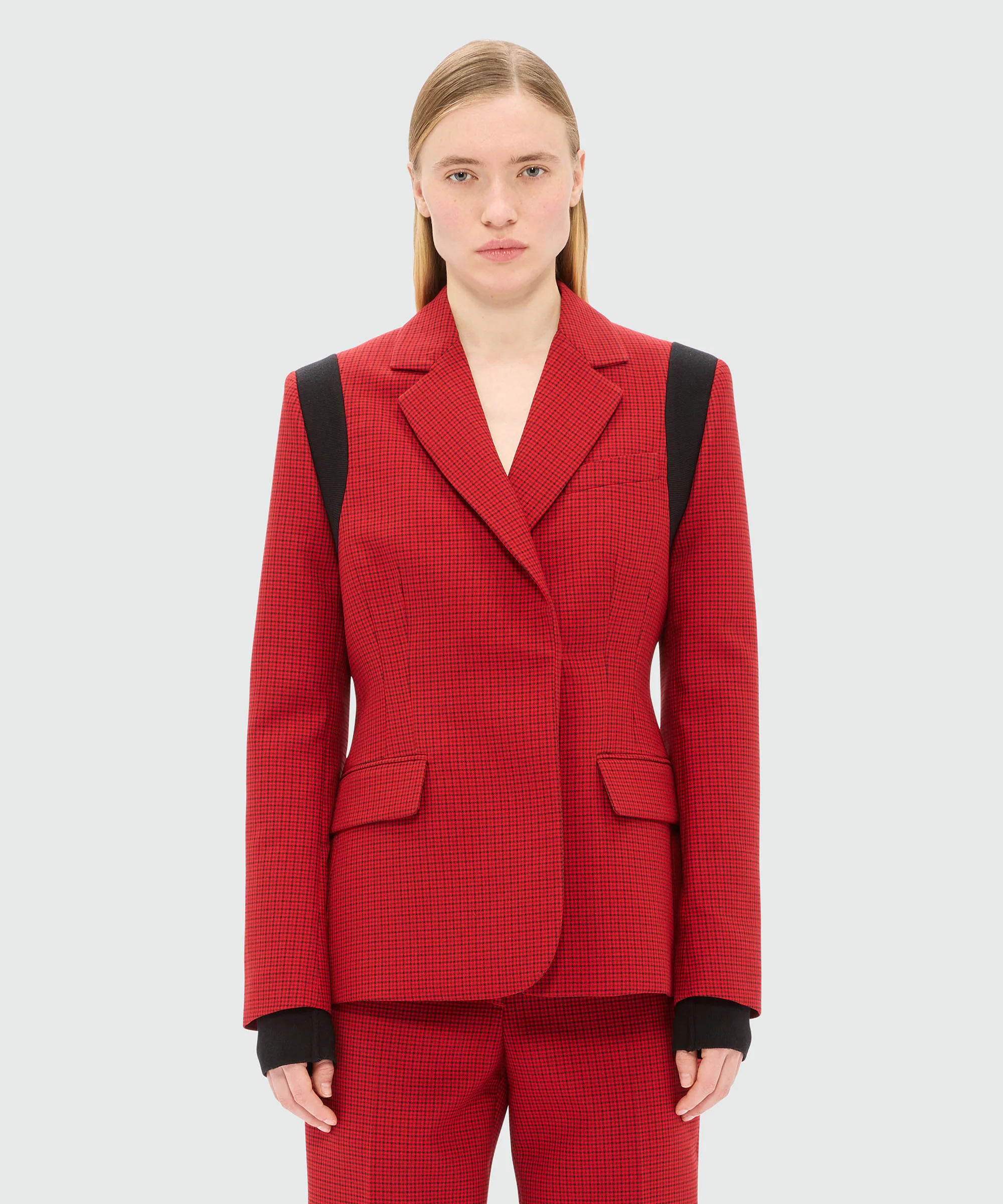 Red single-breasted jacket with check pattern - Image 2