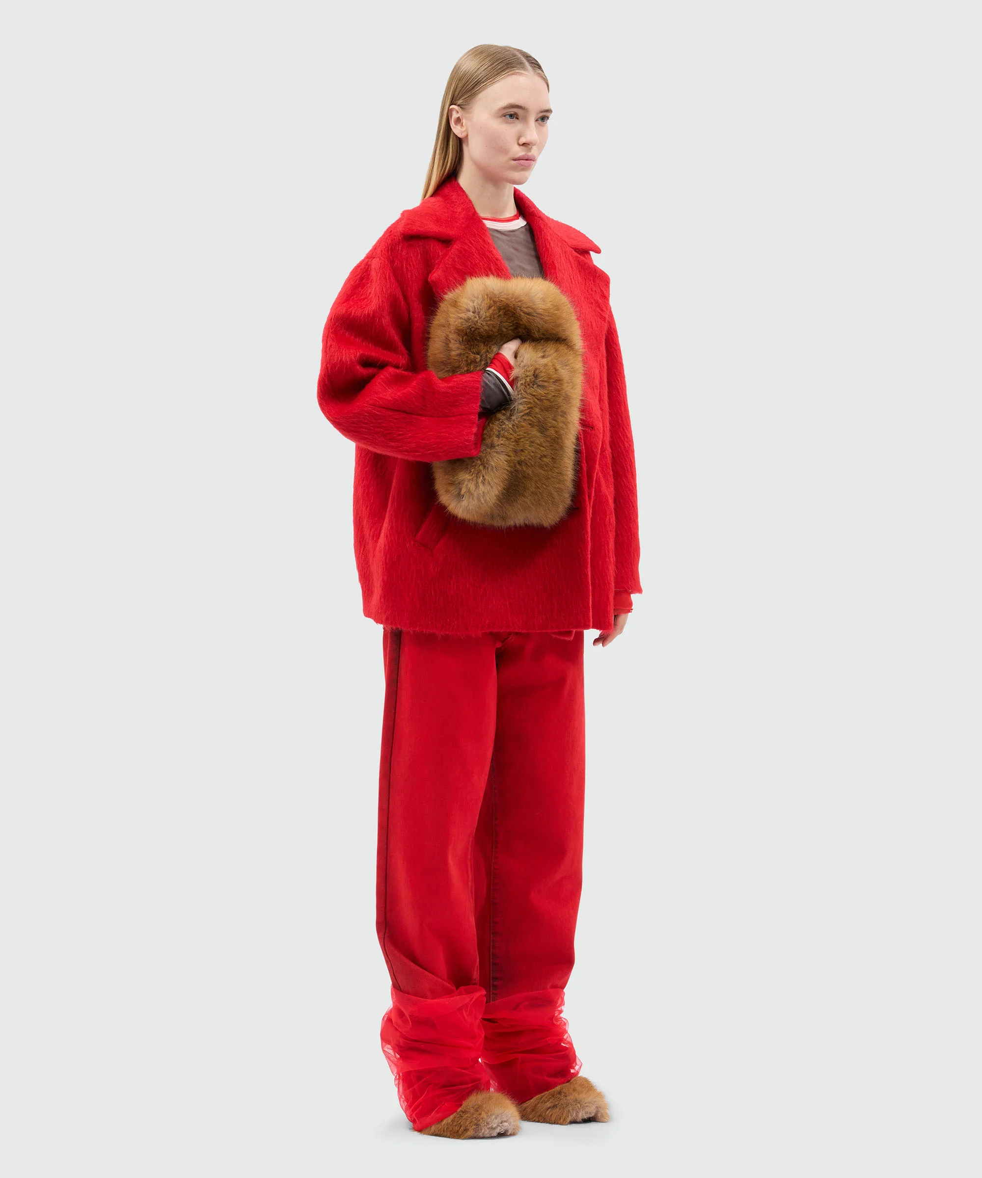 Short double-breasted coat in red brushed wool felt - Image 4