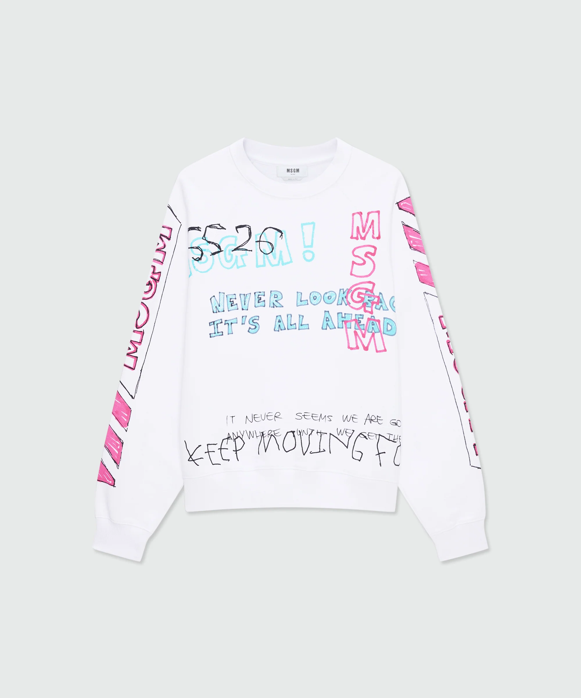 White cotton crew-neck sweatshirt with all-over print