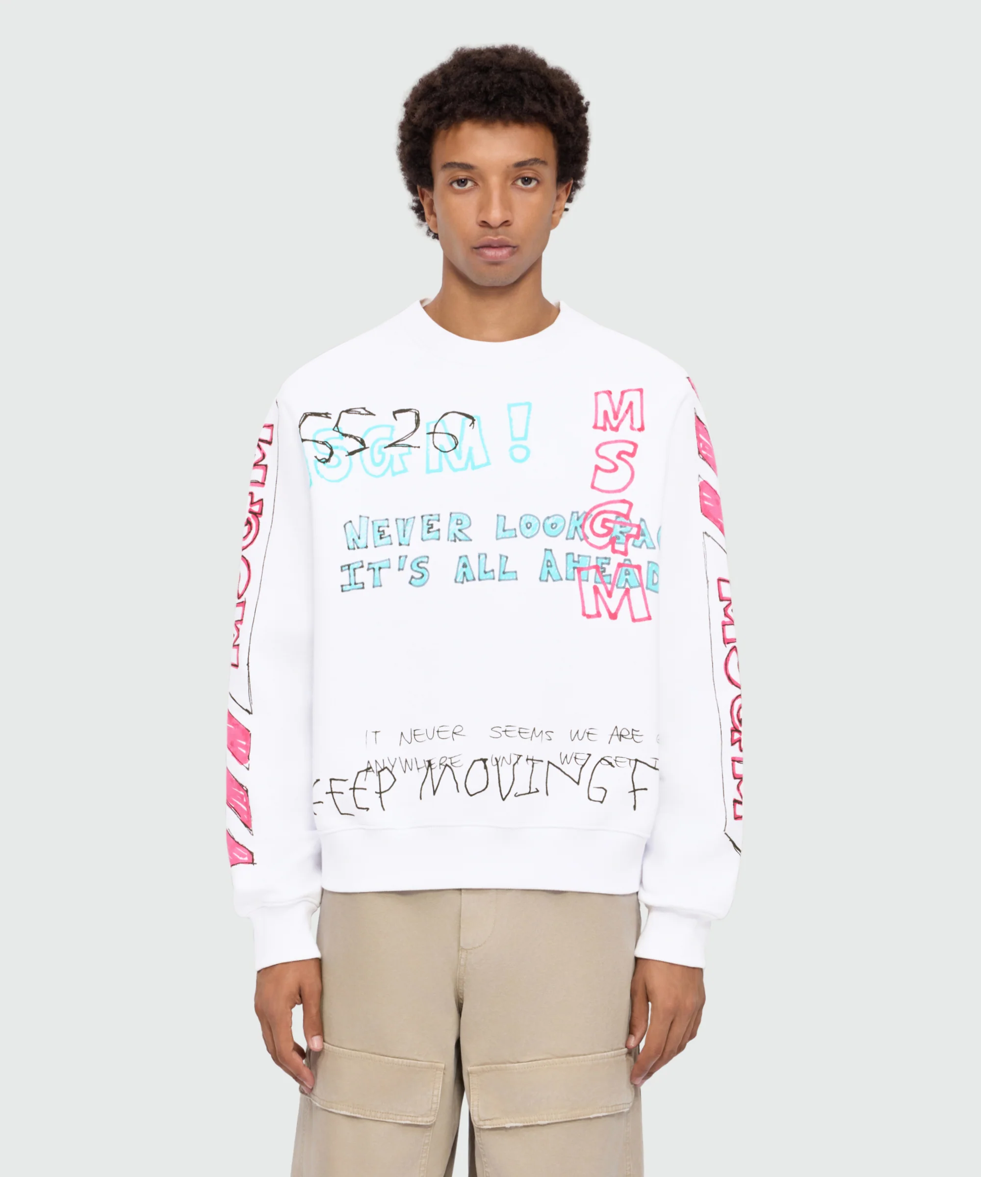 White cotton crew-neck sweatshirt with all-over print - Image 2