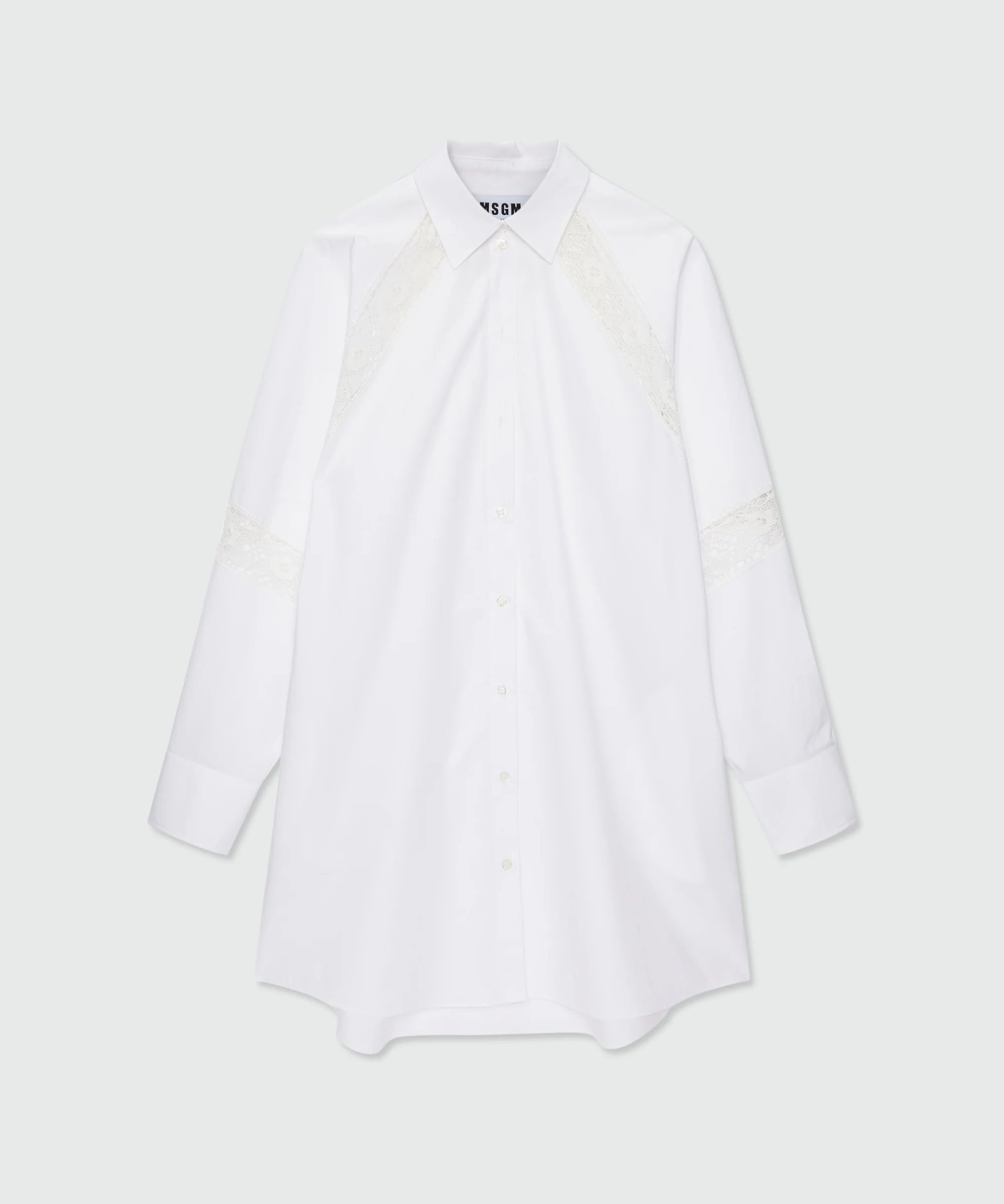 White cotton poplin chemisier dress with lace inserts