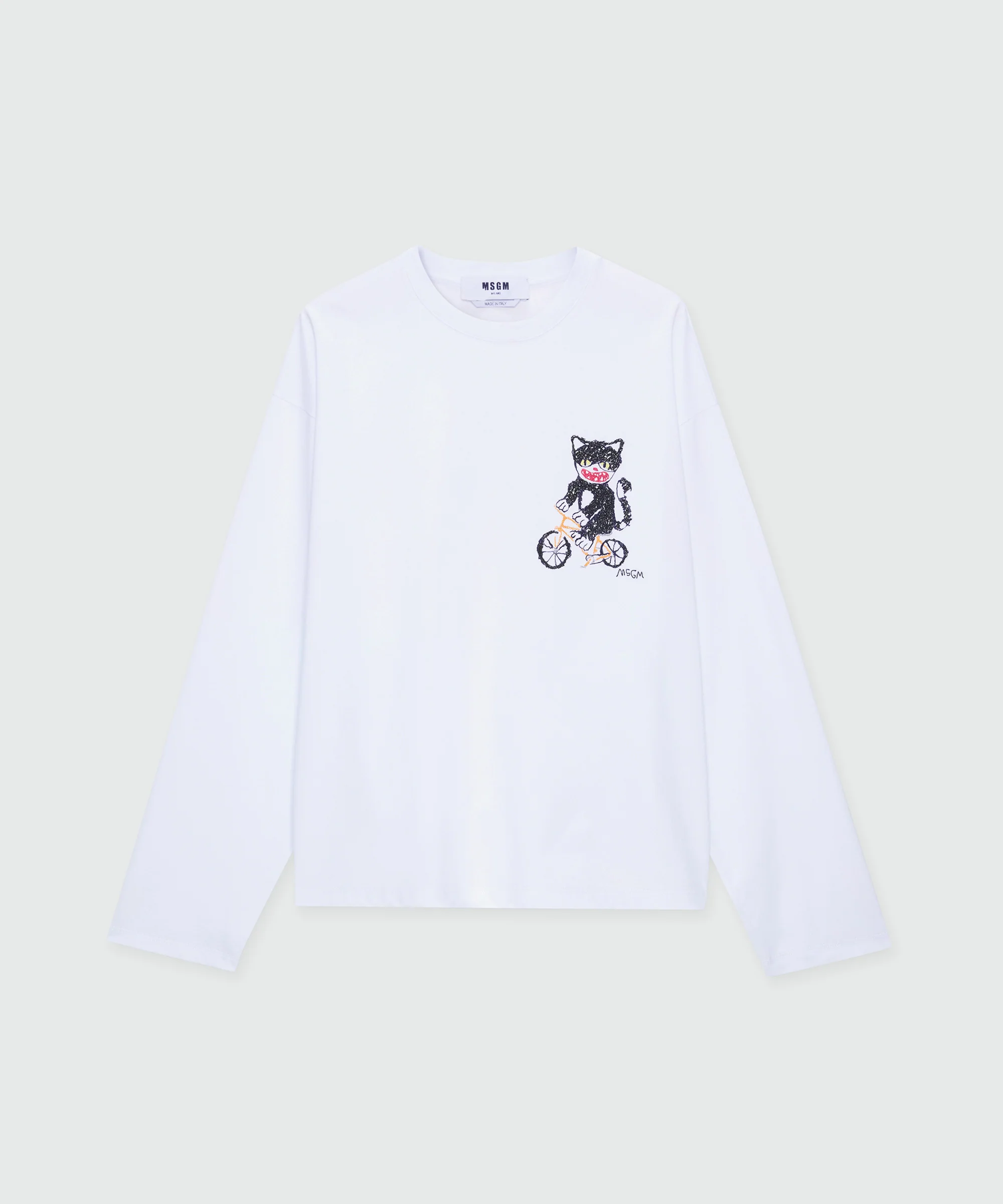 White long-sleeve cotton jersey T-shirt with chest embroidery