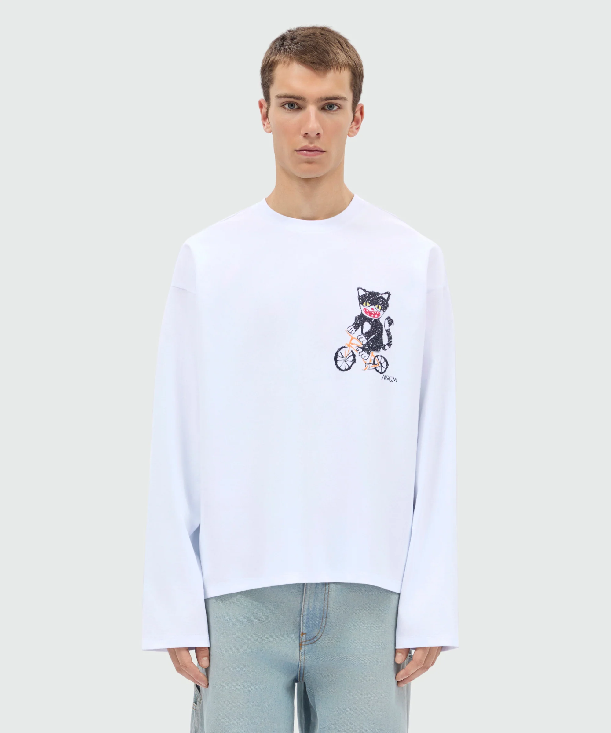White long-sleeve cotton jersey T-shirt with chest embroidery - Image 2