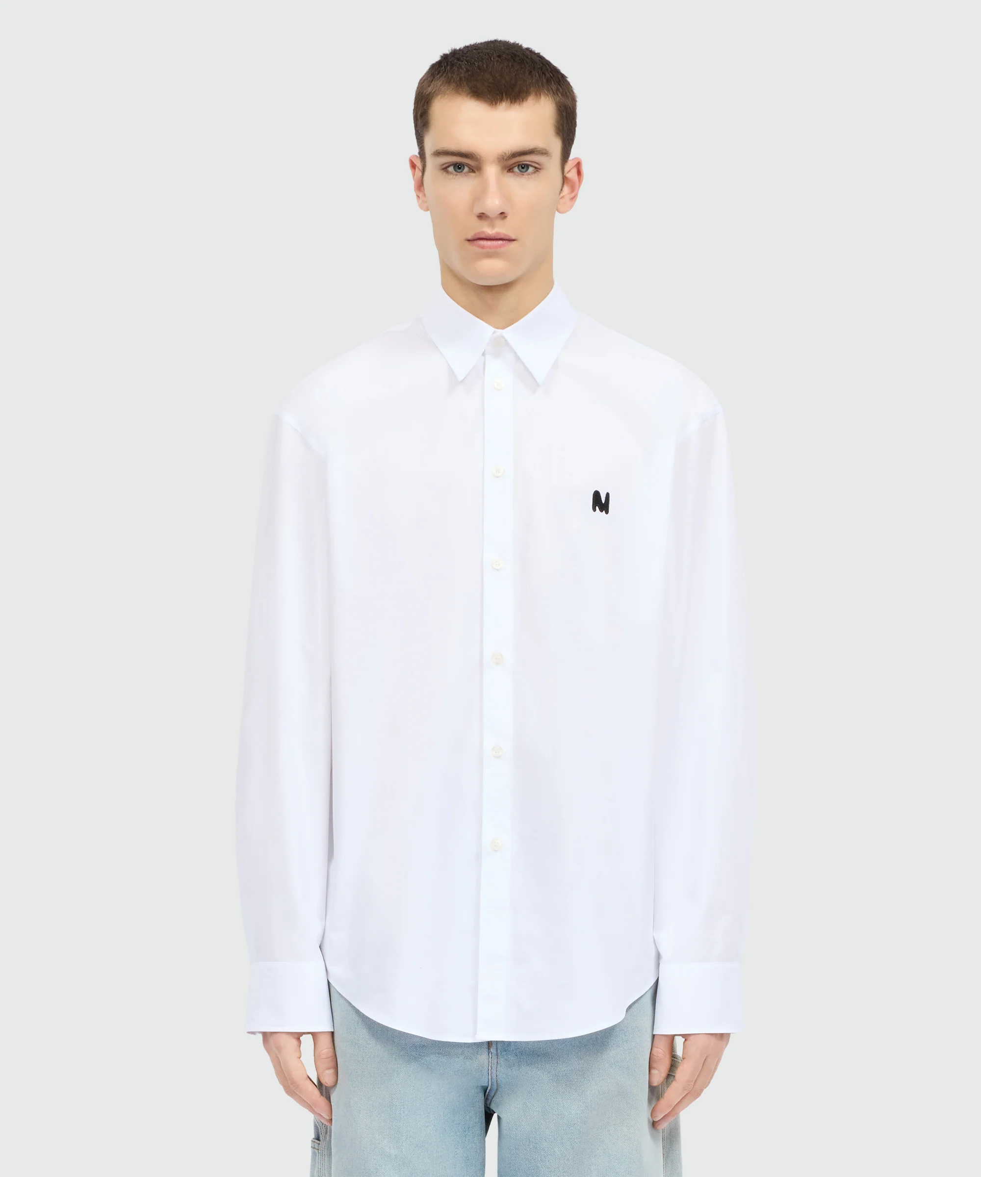 White long-sleeve cotton poplin shirt with chest logo and front patch - Image 2