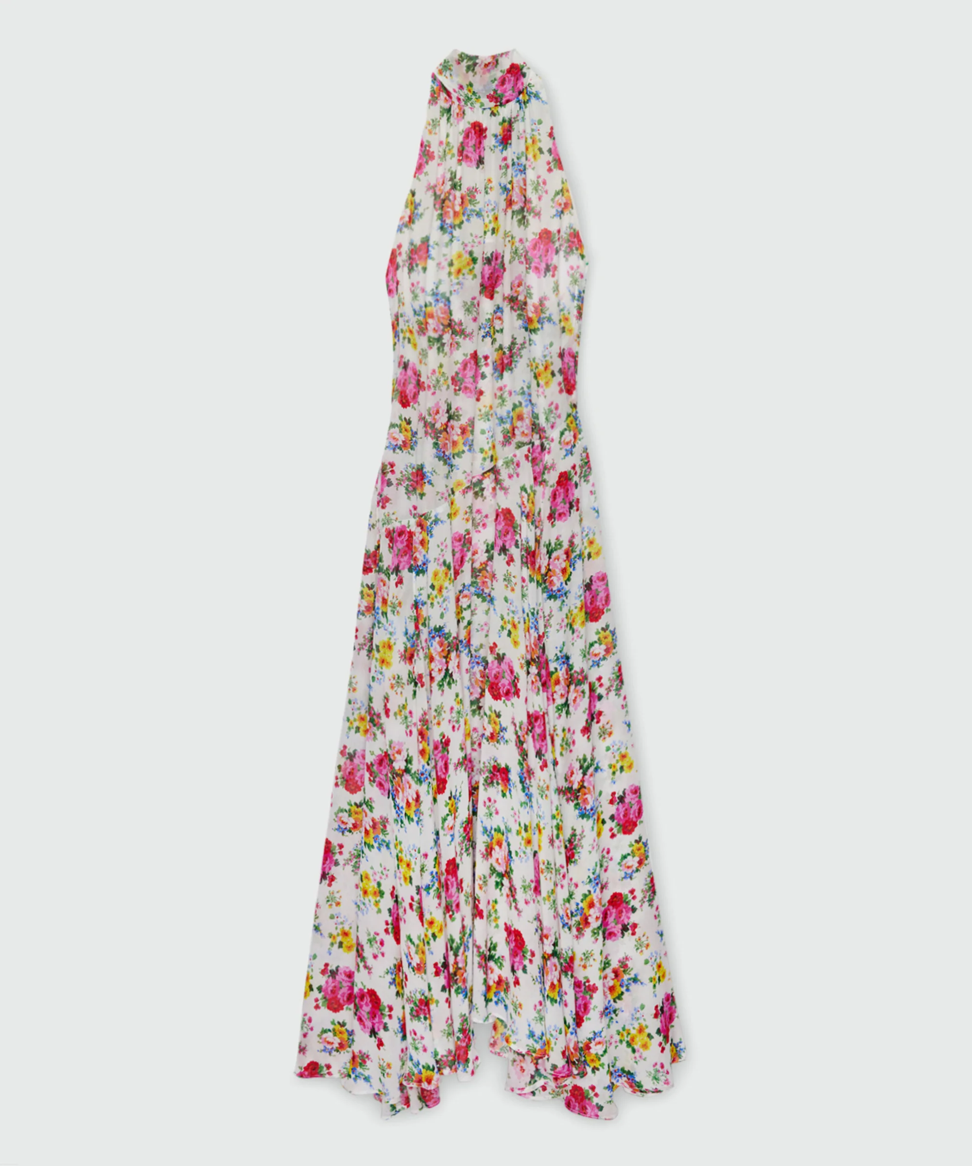 White long viscose georgette dress with floral print and pleated skirt